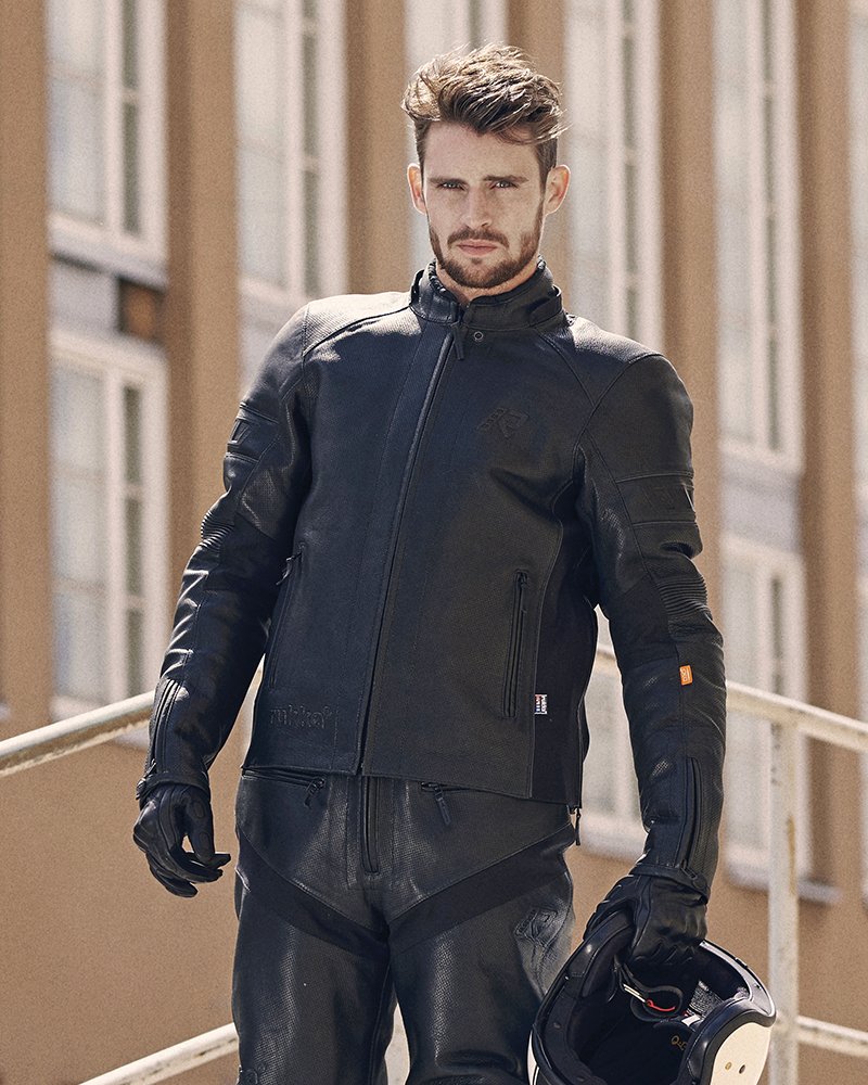 Guy wearing Rukka Coriace laminated leather suit